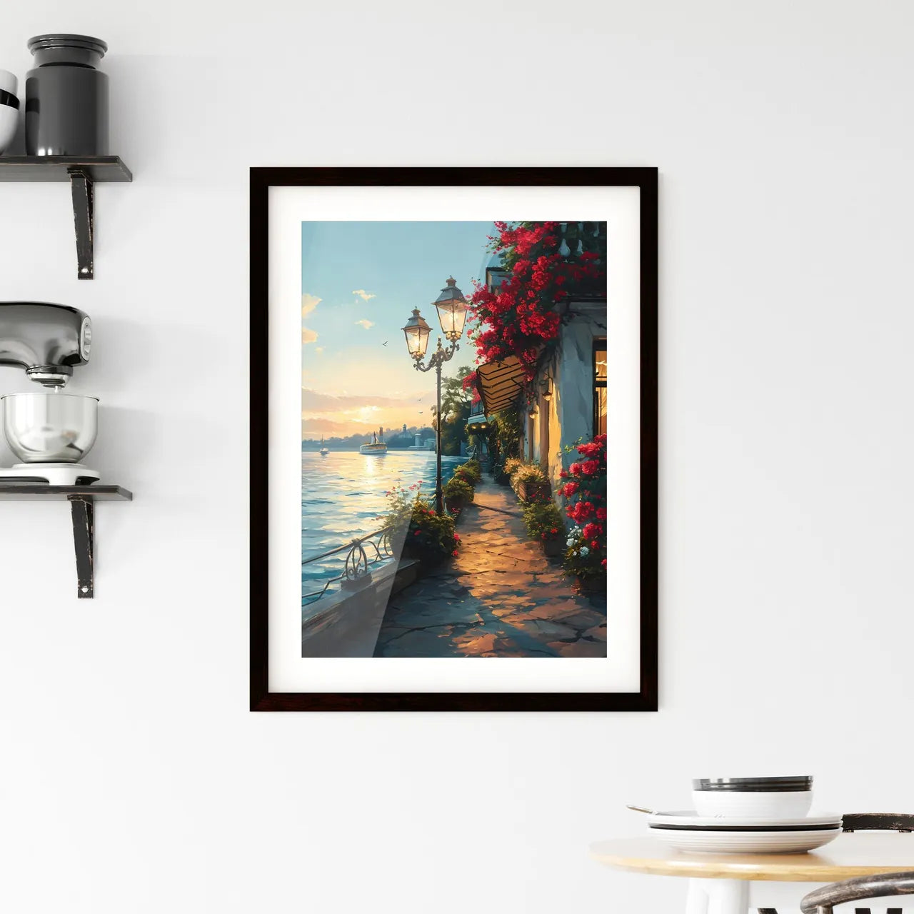A Poster of Cafe warm lamp lakeside - A Street With Flowers And A Body Of Water Custom Print