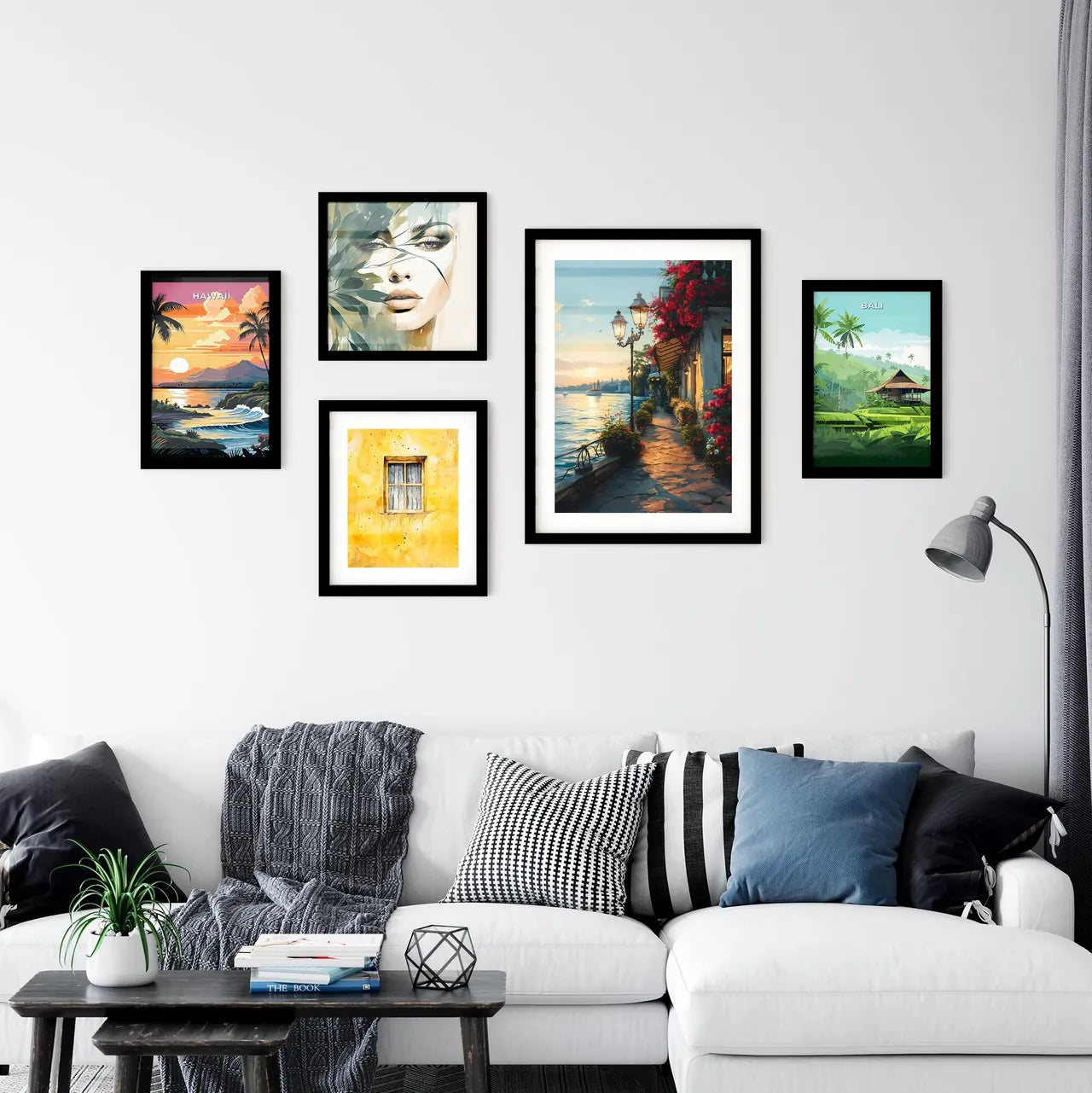 A Poster of Cafe warm lamp lakeside - A Street With Flowers And A Body Of Water Interior Design