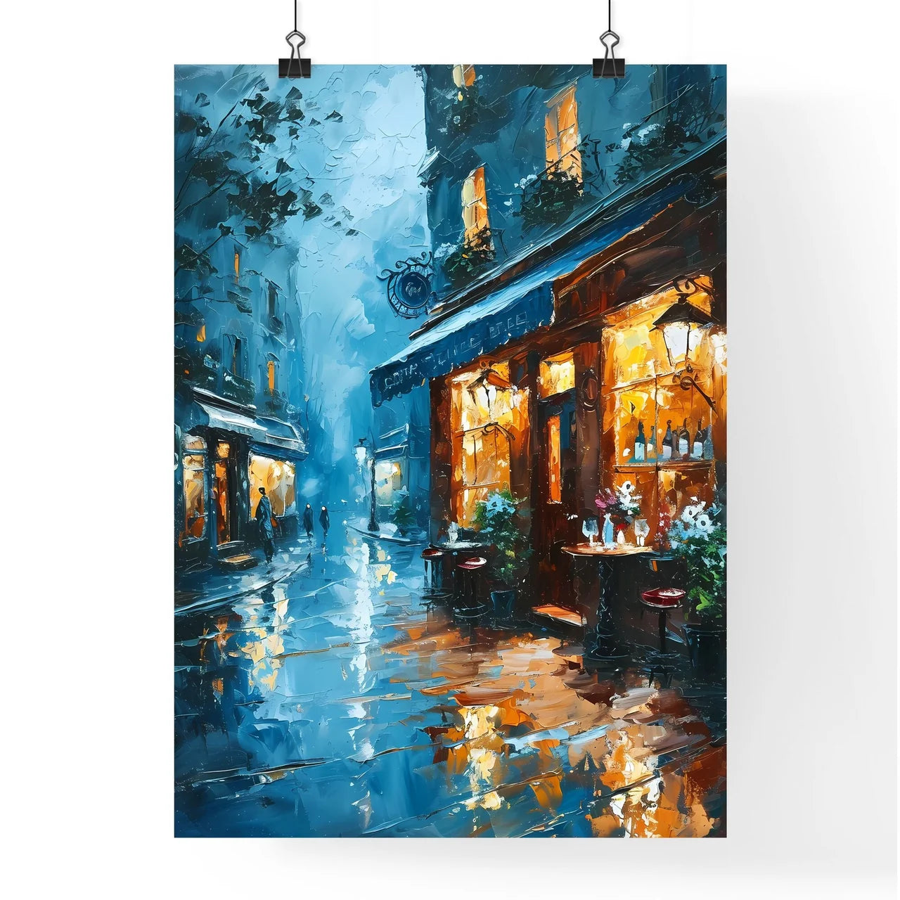 A Poster of bar warm lamp windownight - A Street With Shops And Tables On It Poster