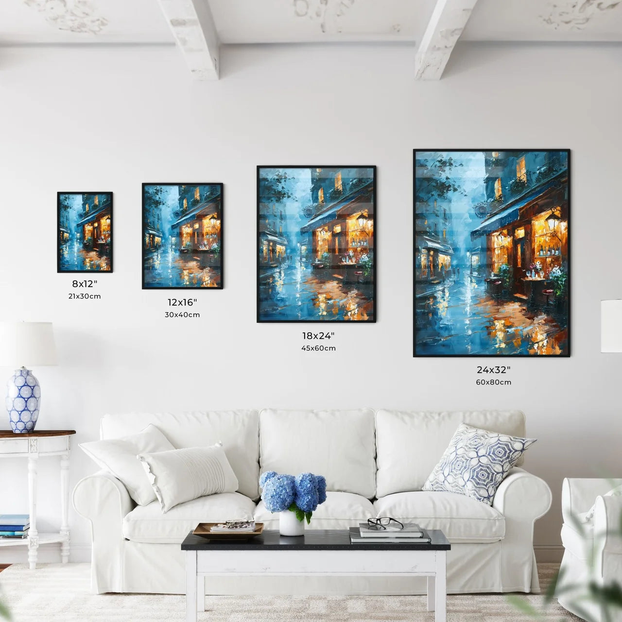 A Poster of bar warm lamp windownight - A Street With Shops And Tables On It Size Chart