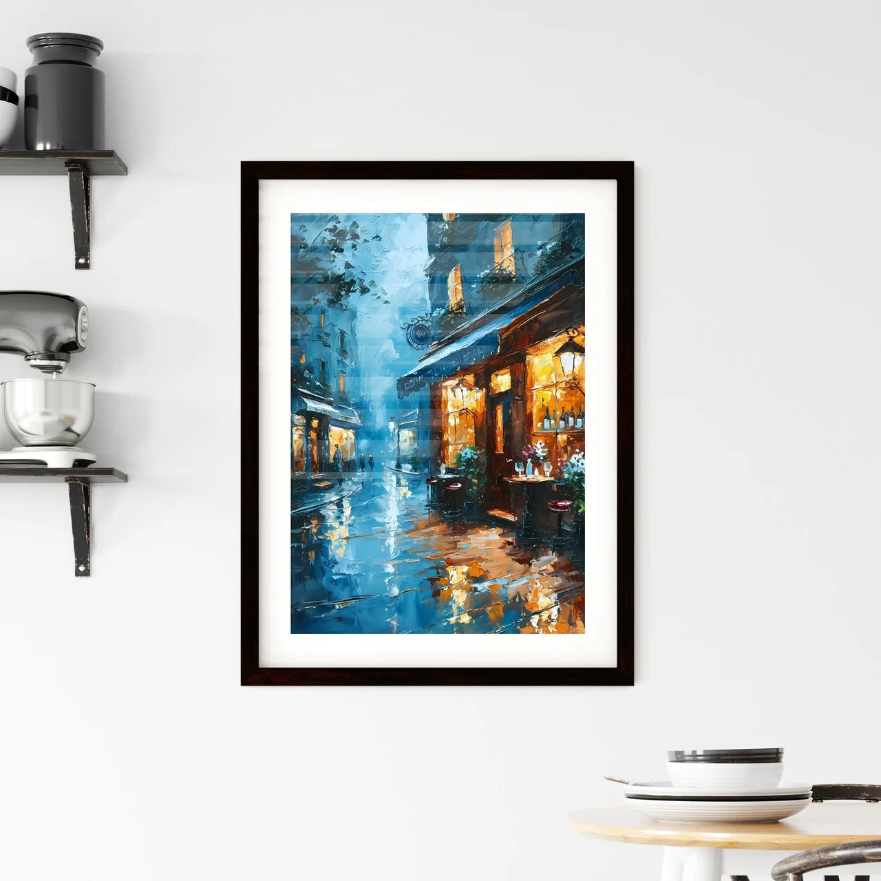 A Poster of bar warm lamp windownight - A Street With Shops And Tables On It Custom Print