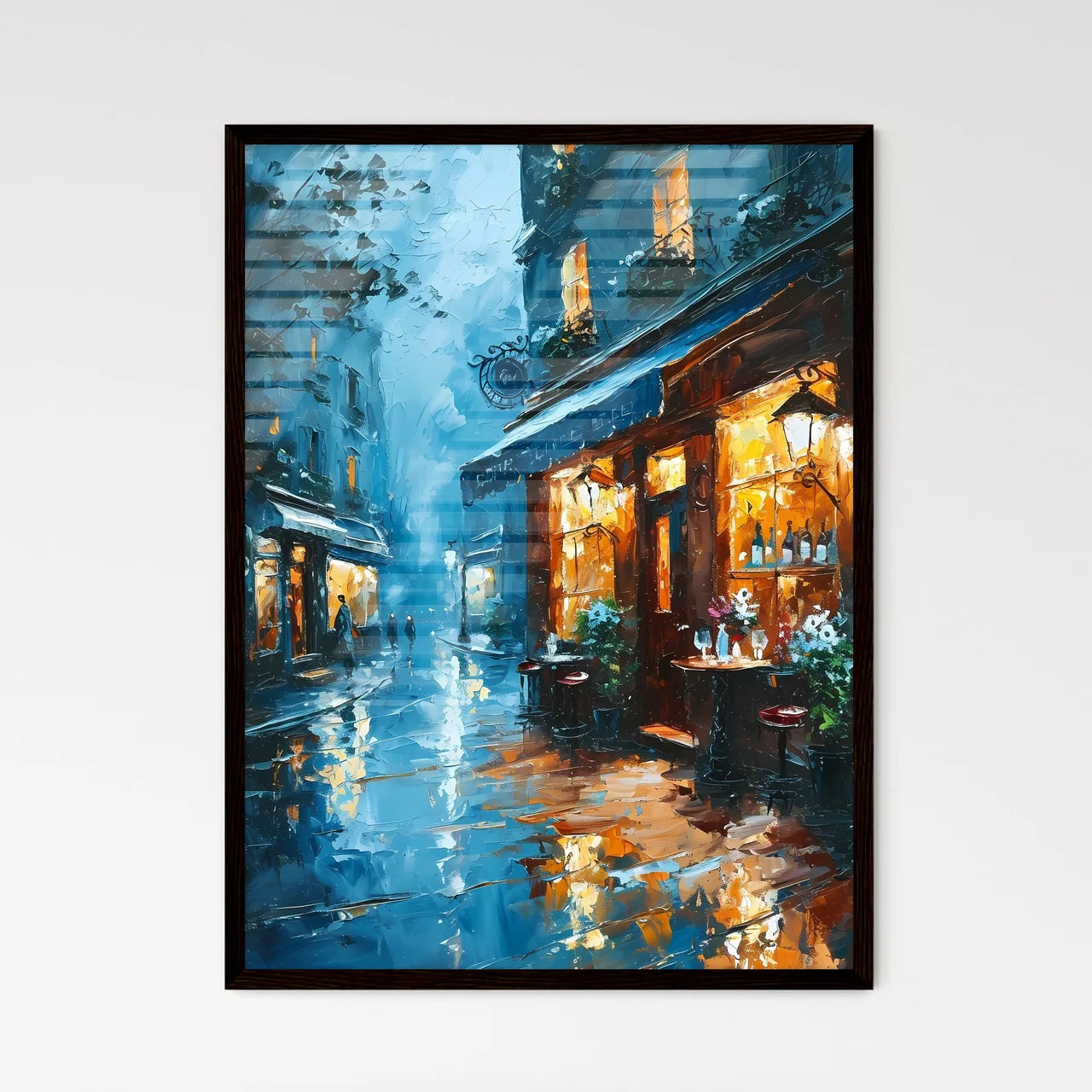 A Poster of bar warm lamp windownight - A Street With Shops And Tables On It Framed Art