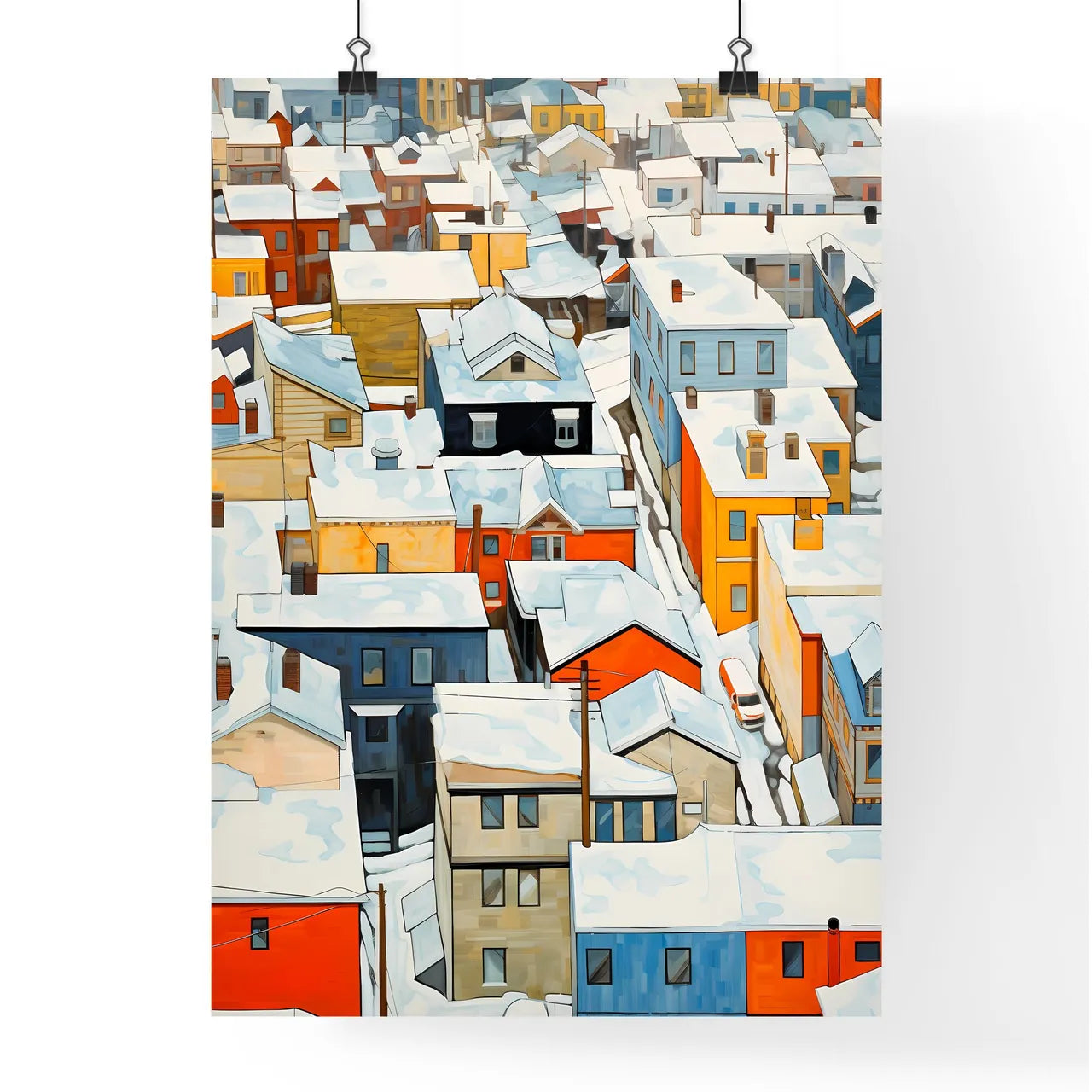 A Poster of snowy urban roofs seen from above - A Group Of Houses Covered In Snow Poster