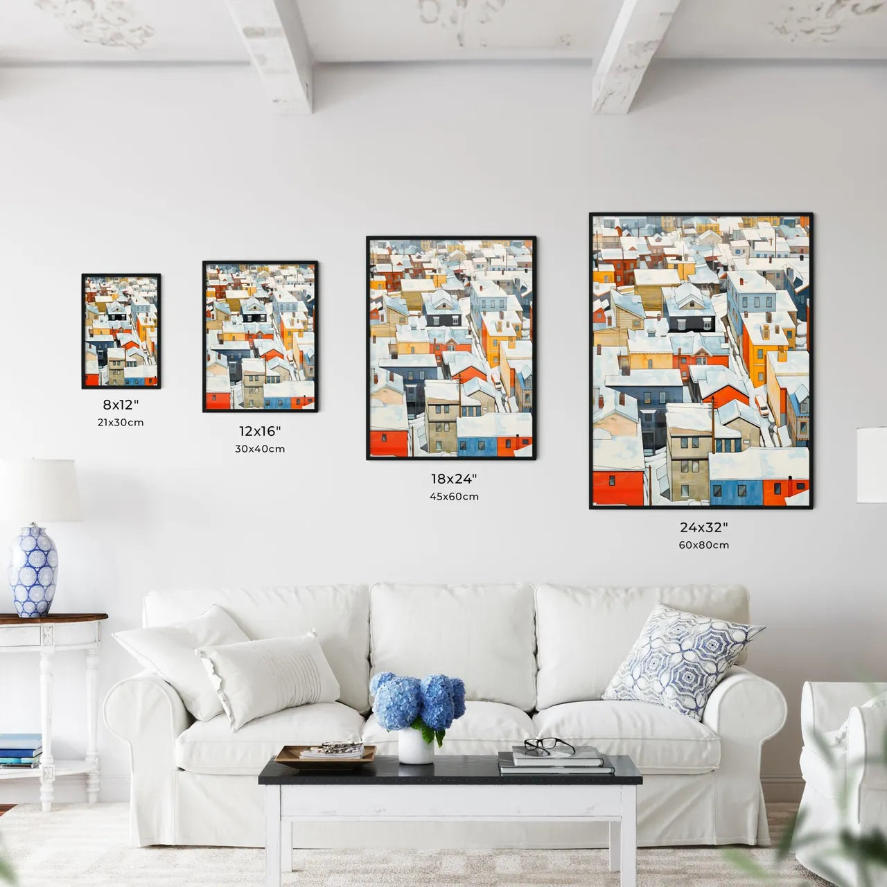 A Poster of snowy urban roofs seen from above - A Group Of Houses Covered In Snow Size Chart