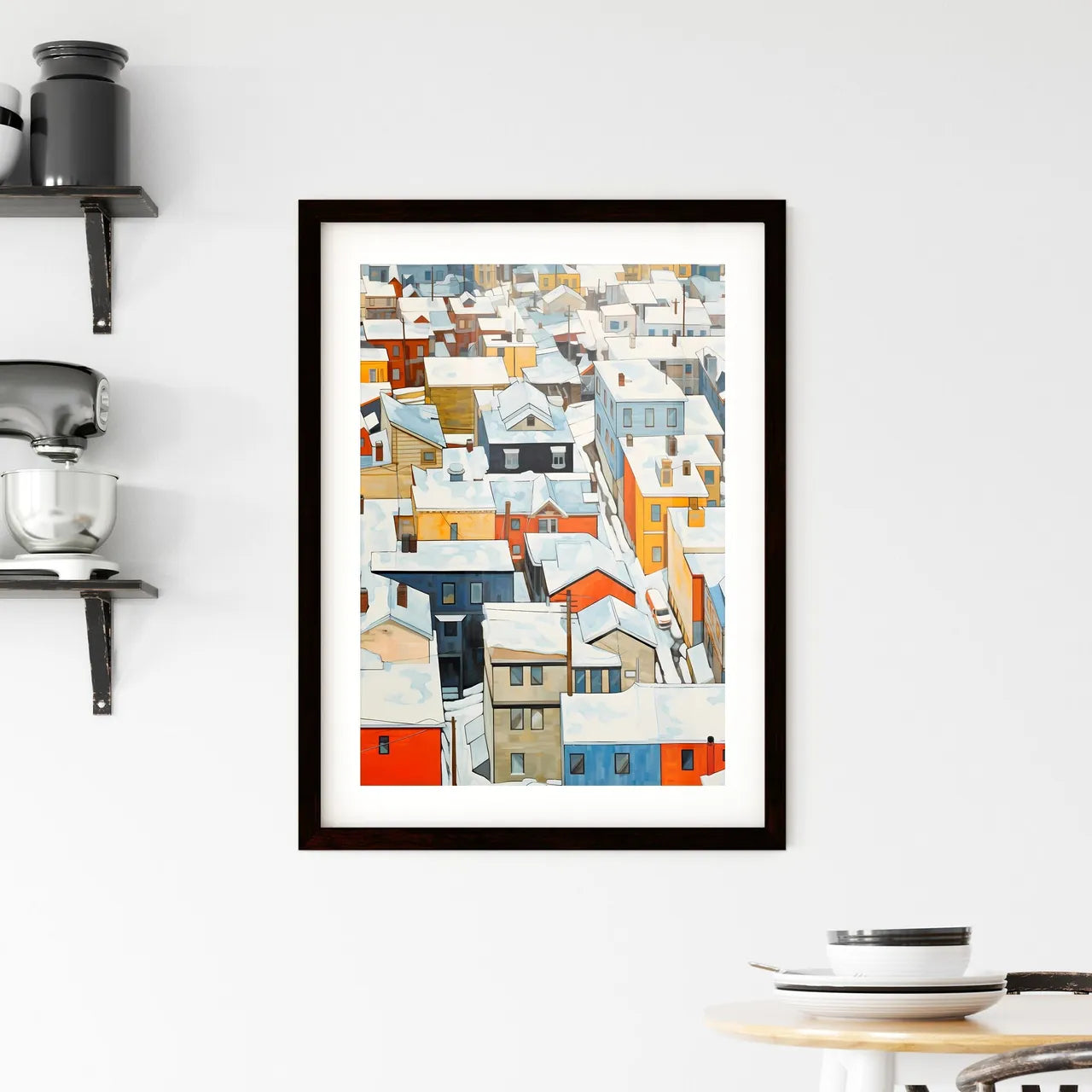 A Poster of snowy urban roofs seen from above - A Group Of Houses Covered In Snow Custom Print