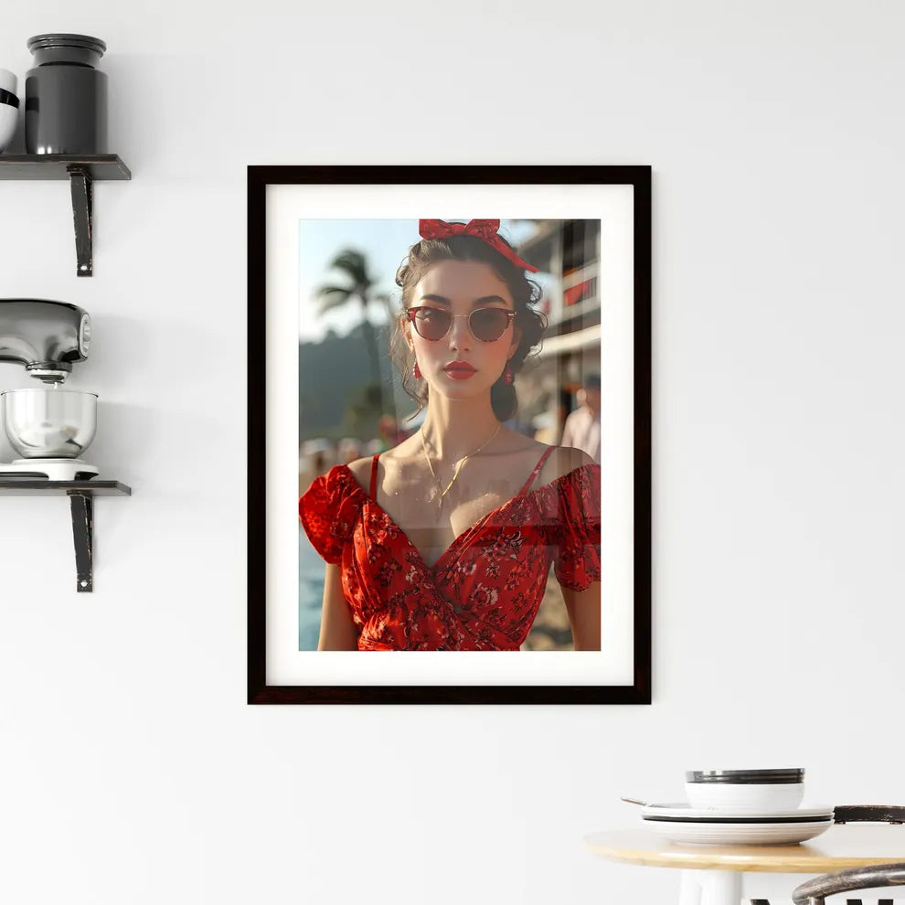 A Poster of a beautiful woman posing next to Framed Print