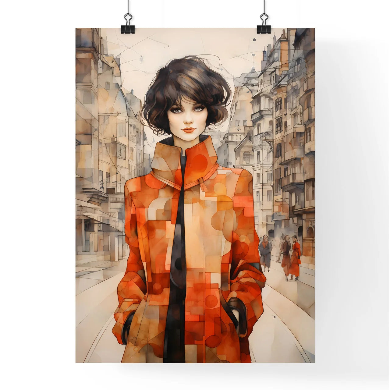 A Poster of art deco noveaux - A Woman In A Red Coat Poster