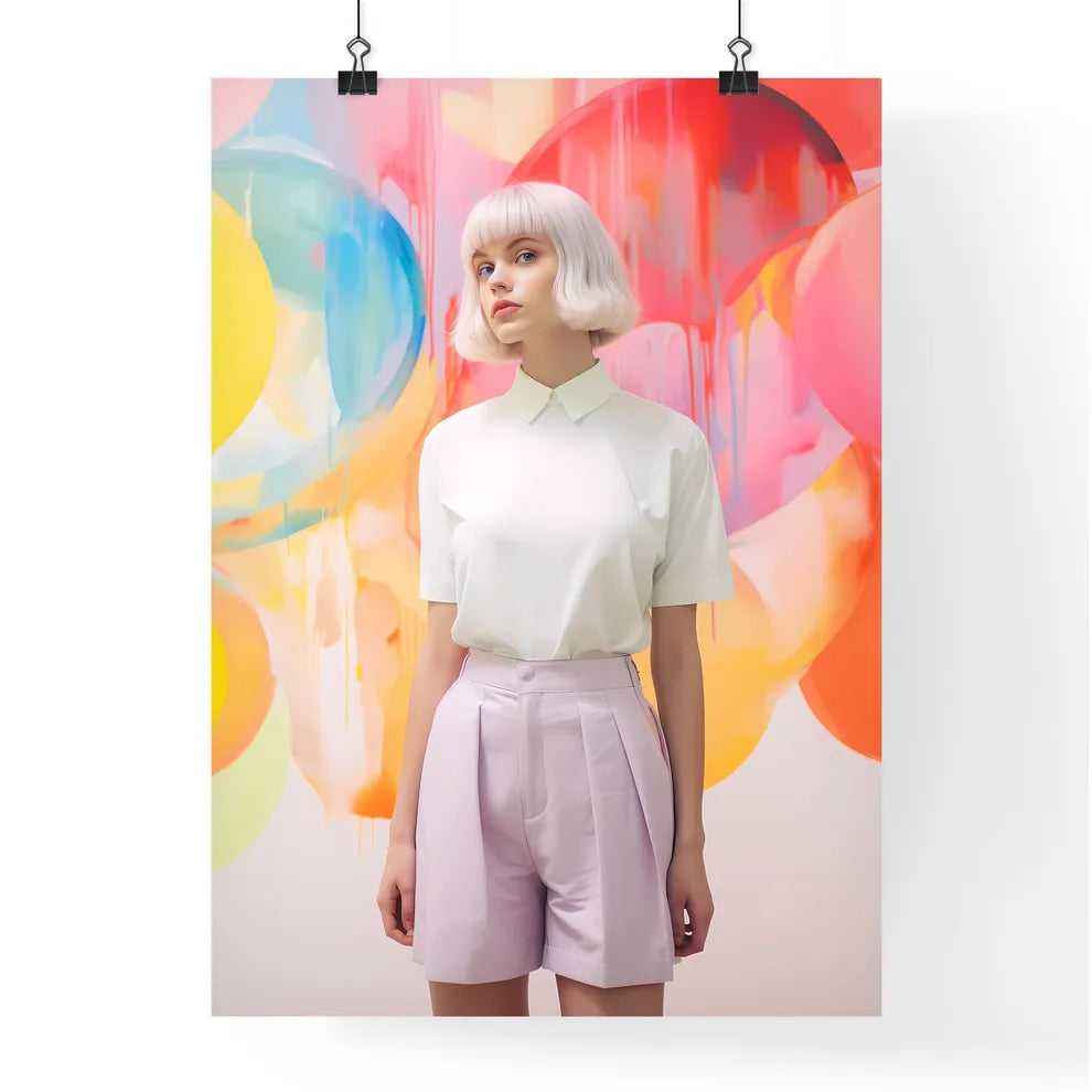 A Poster of girl standing on a pastel backgr Poster
