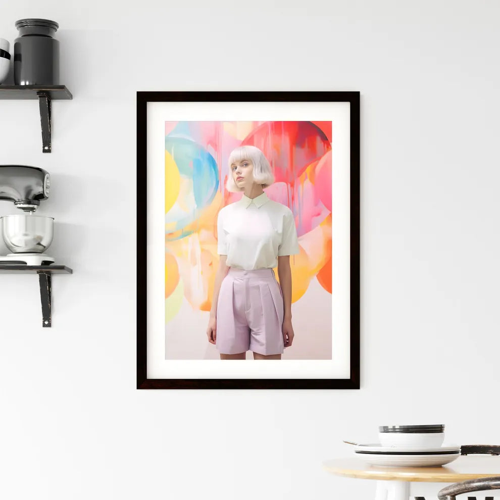 A Poster of girl standing on a pastel backgr Framed Print