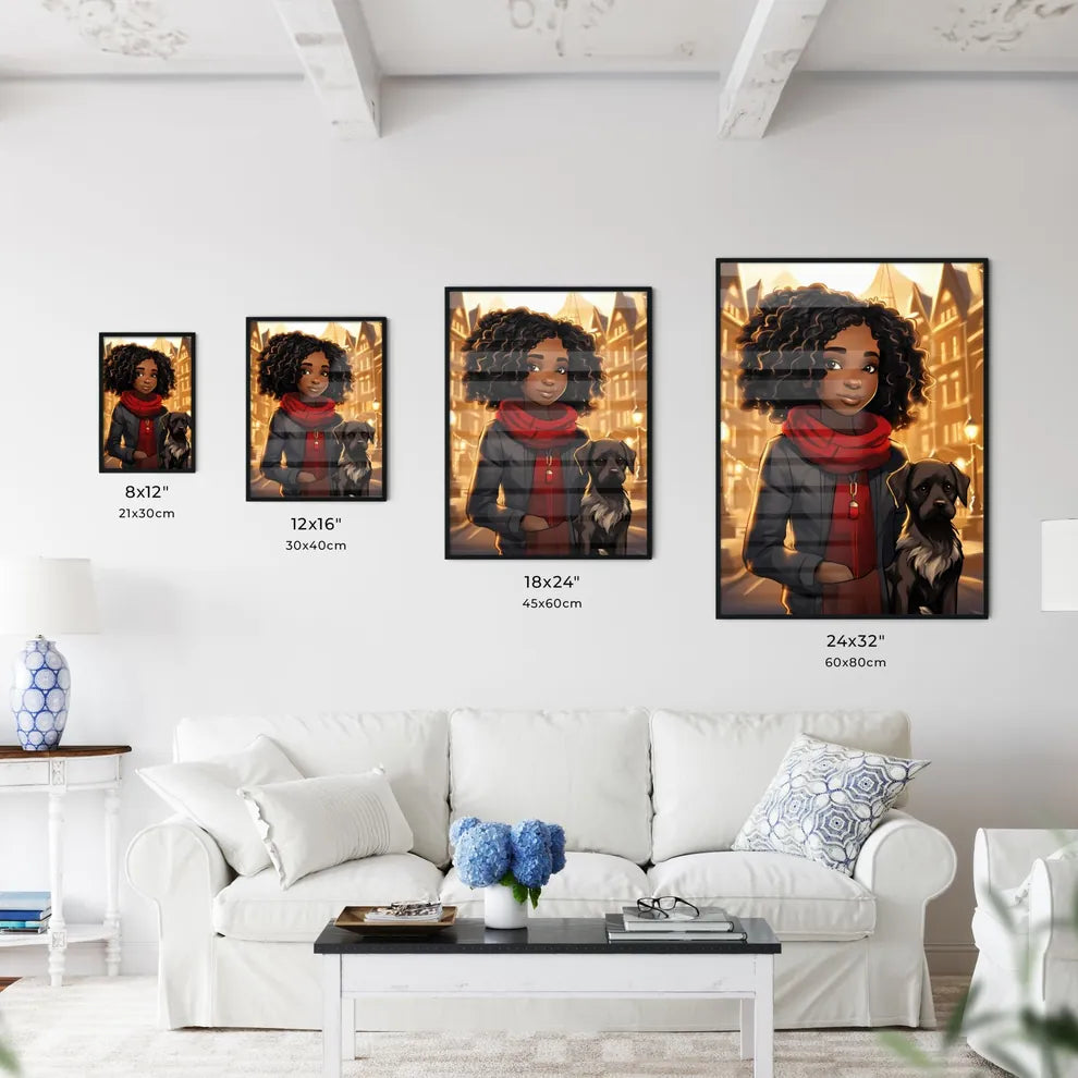 A Poster of cute little black girl with dog  Size Chart