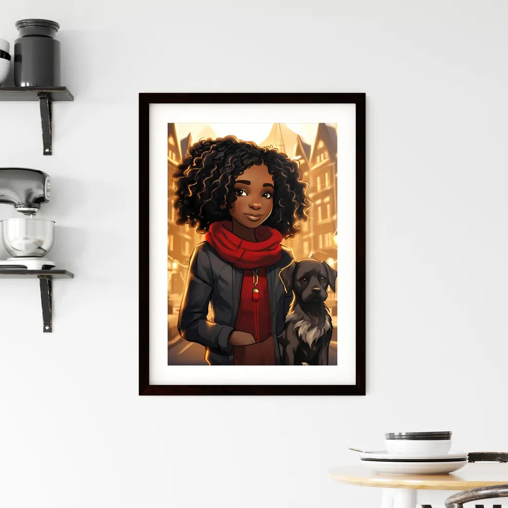 A Poster of cute little black girl with dog  Framed Print