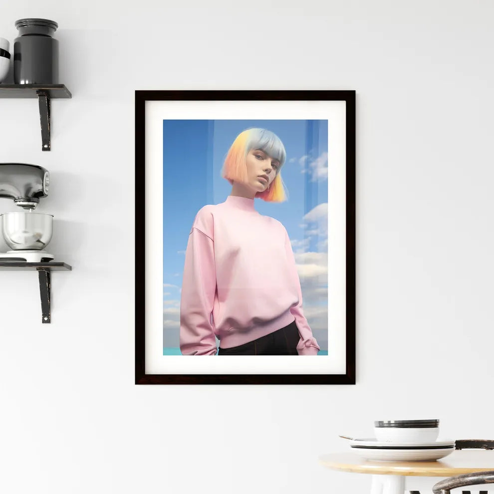 A Poster of girl standing on a pastel backgr Framed Print