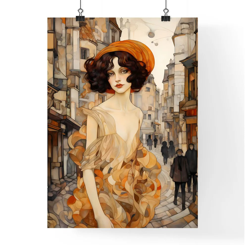 A Poster of art deco noveaux - A Woman In A Dress And Hat Poster
