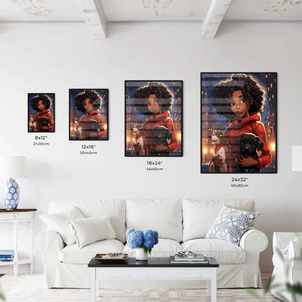 A Poster of cute little black girl with dog  Size Chart