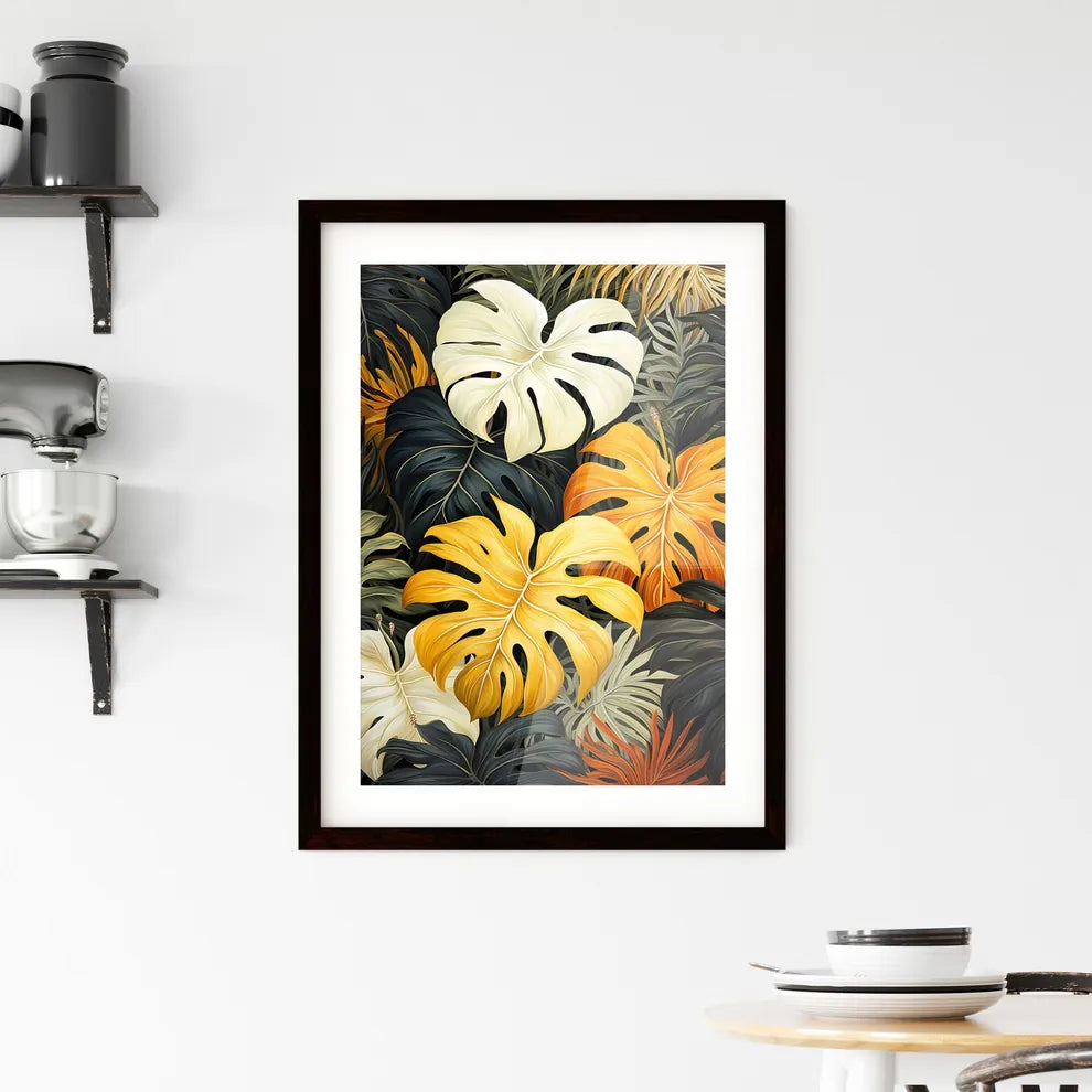A Poster of monochrome monstera tropical leaves  Framed Print