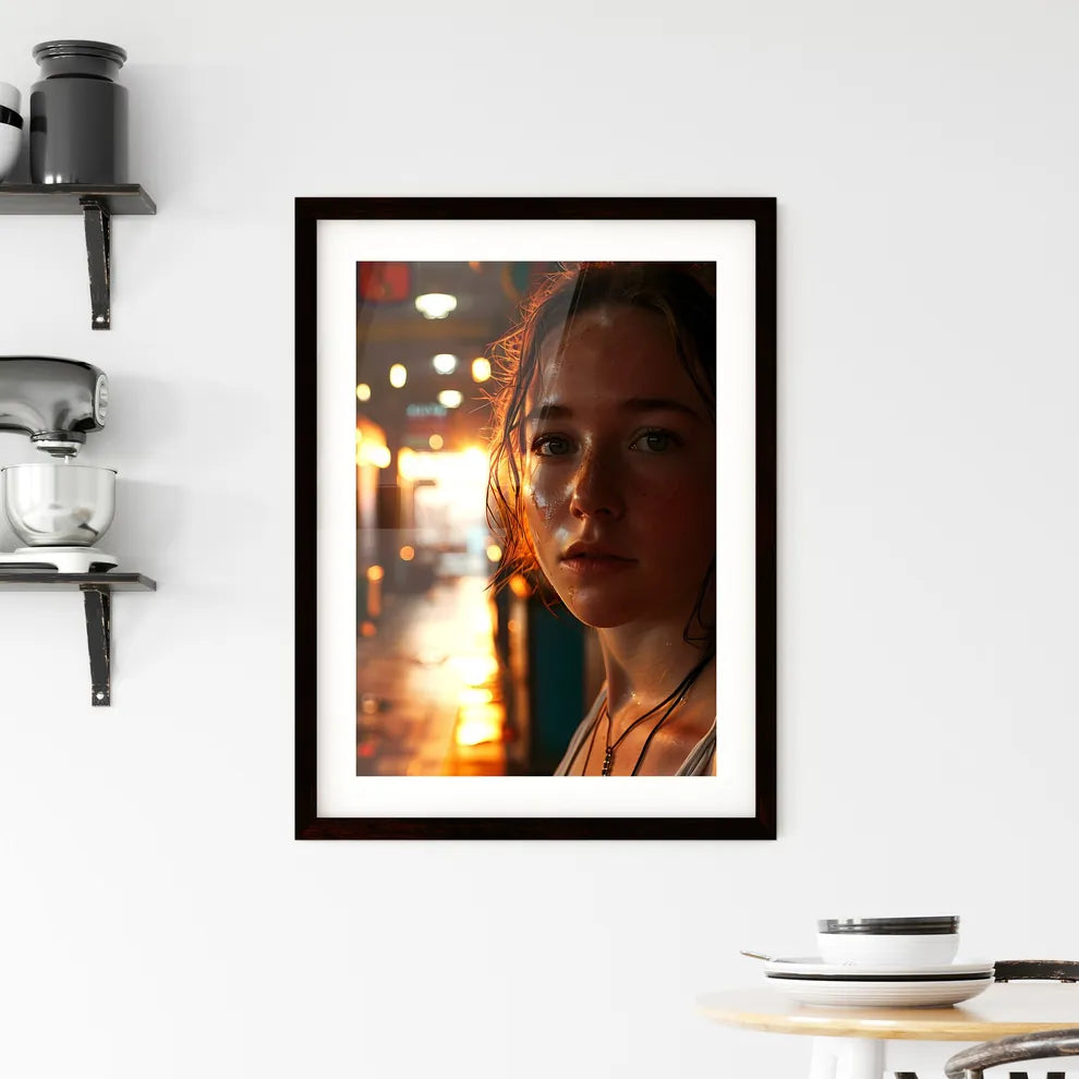 A Poster of a beautiful woman posing next to Framed Print