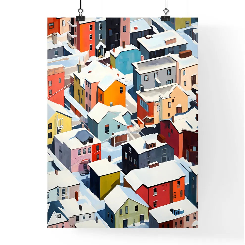 A Poster of snowy urban roofs seen from above - A Group Of Colorful Buildings Covered In Snow Poster