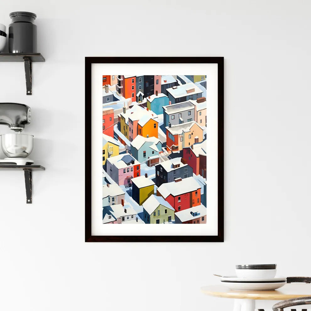 A Poster of snowy urban roofs seen from above - A Group Of Colorful Buildings Covered In Snow Custom Print