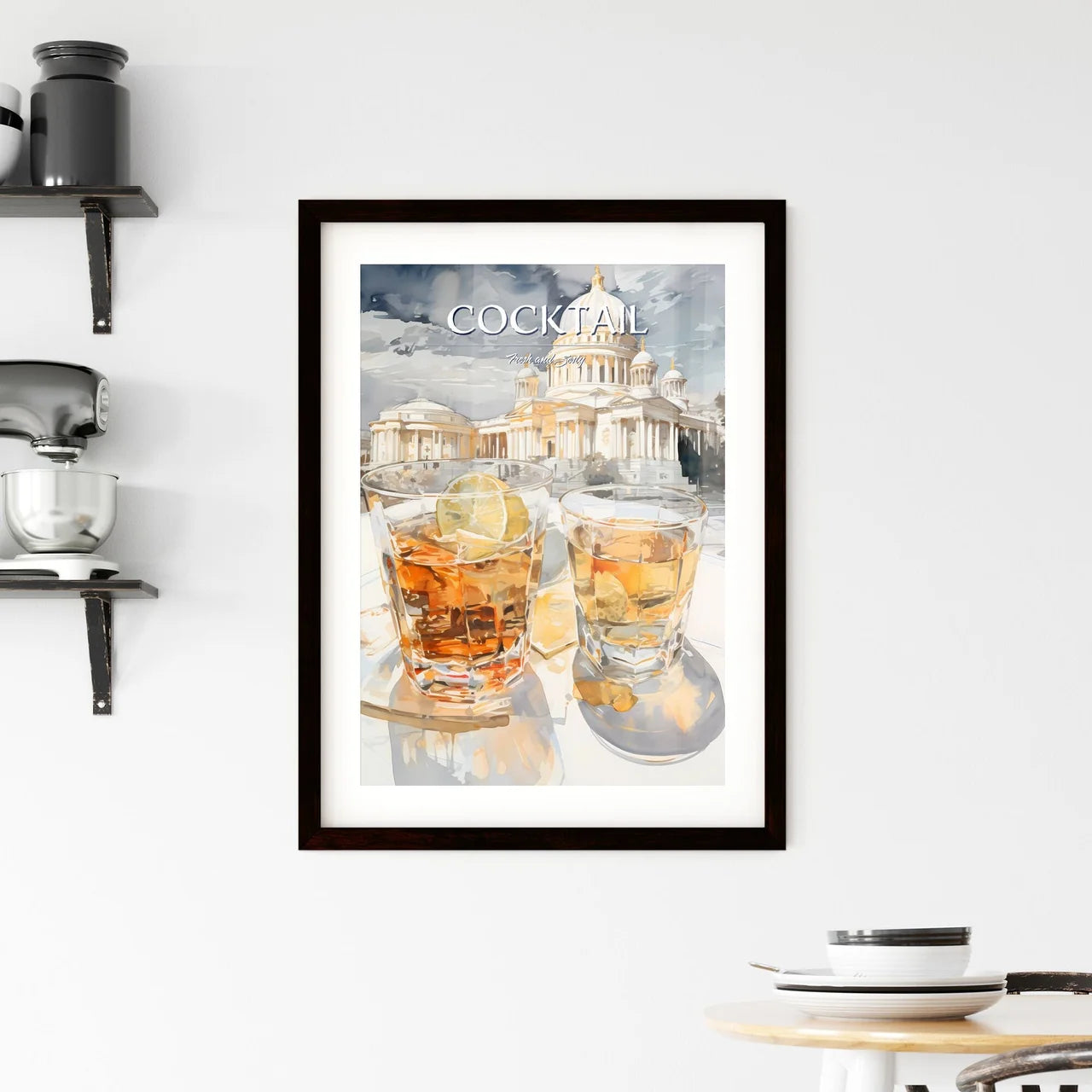 A Poster of white russian cocktail - Two Gla Framed Print