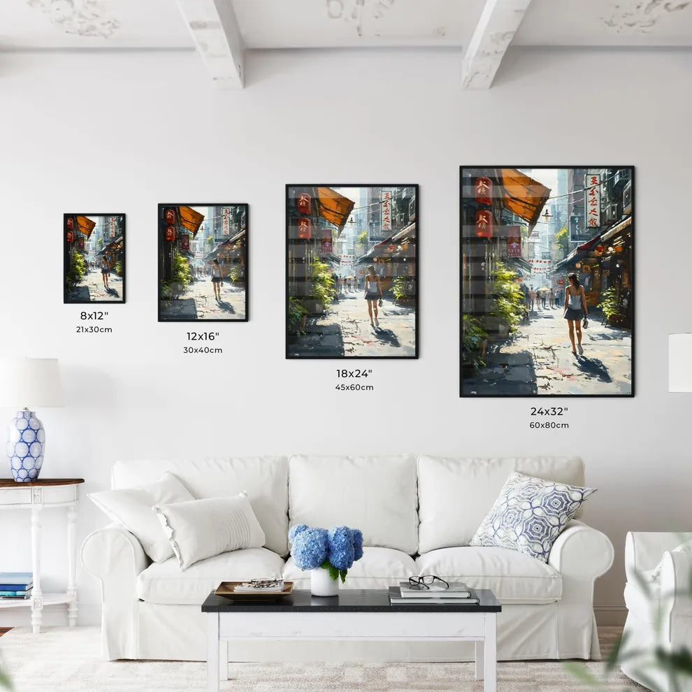 A Poster of oil painting tokyo - A Woman Walking Down A Street Size Chart