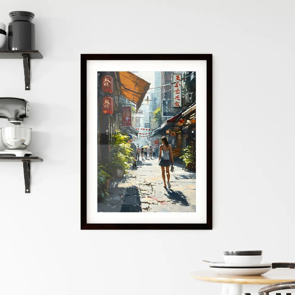 A Poster of oil painting tokyo - A Woman Walking Down A Street Custom Print