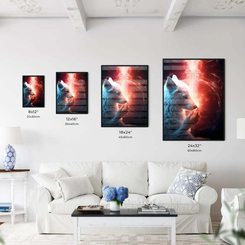 A Poster of A wolf is petting a lamb gently  Size Chart