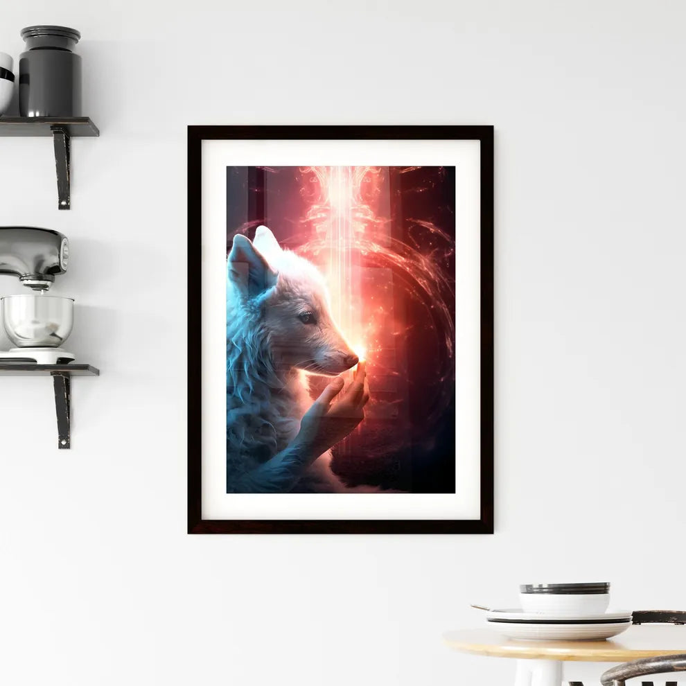 A Poster of A wolf is petting a lamb gently  Framed Print