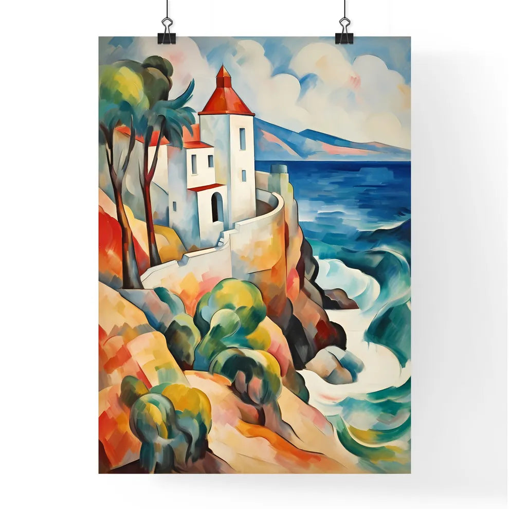 A Poster of if Franz Marc was a photographer - A Painting Of A House On A Cliff By The Ocean Poster
