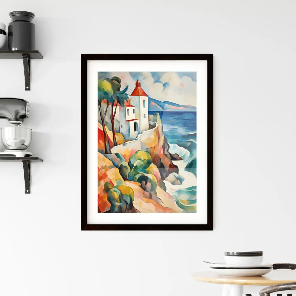 A Poster of if Franz Marc was a photographer - A Painting Of A House On A Cliff By The Ocean Custom Print