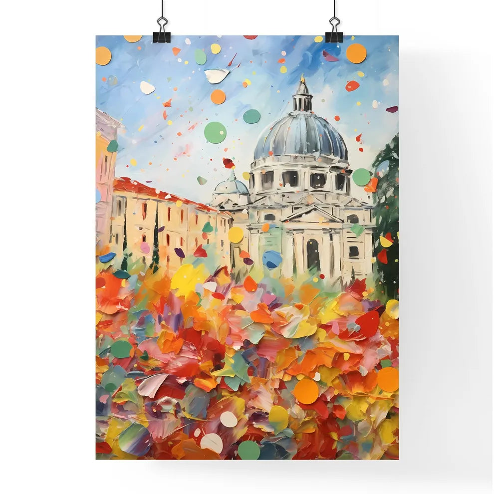 A Poster of colorful confetti - A Painting Of A Building With A Dome And Colorful Confetti Poster