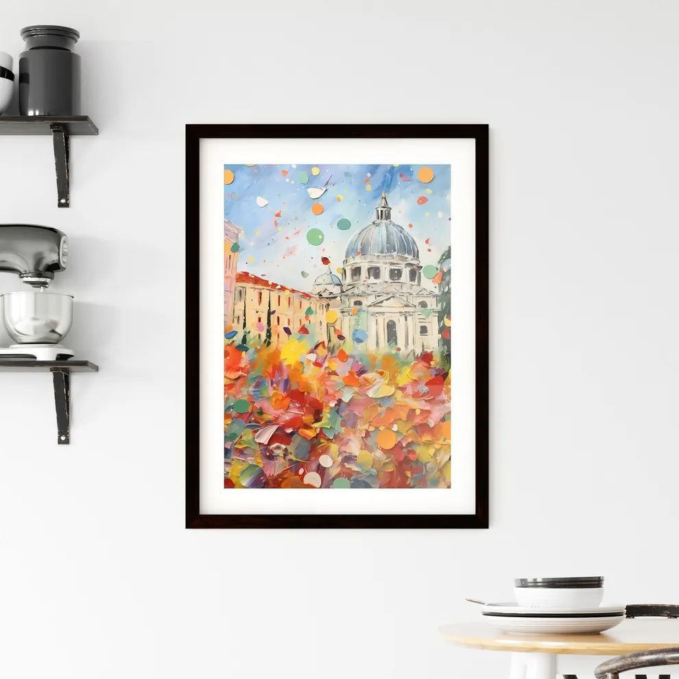A Poster of colorful confetti - A Painting Of A Building With A Dome And Colorful Confetti Custom Print