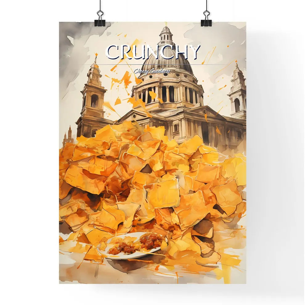 A Poster of Nachos - A Large Pile Of Chips In Front Of A Building Poster