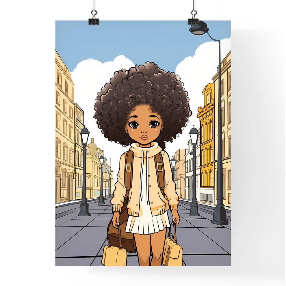 A Poster of cute afro girl - Cartoon Girl With Curly Hair Walking Down A Street Poster