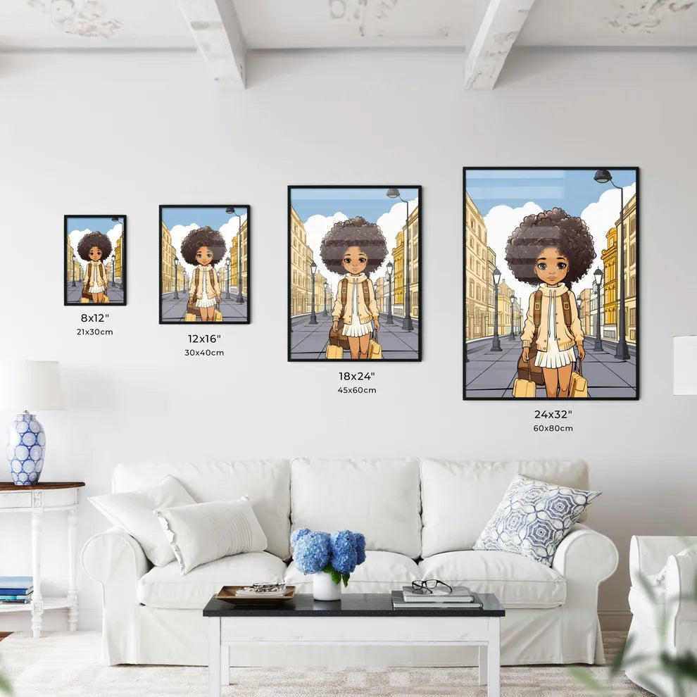 A Poster of cute afro girl - Cartoon Girl With Curly Hair Walking Down A Street Size Chart