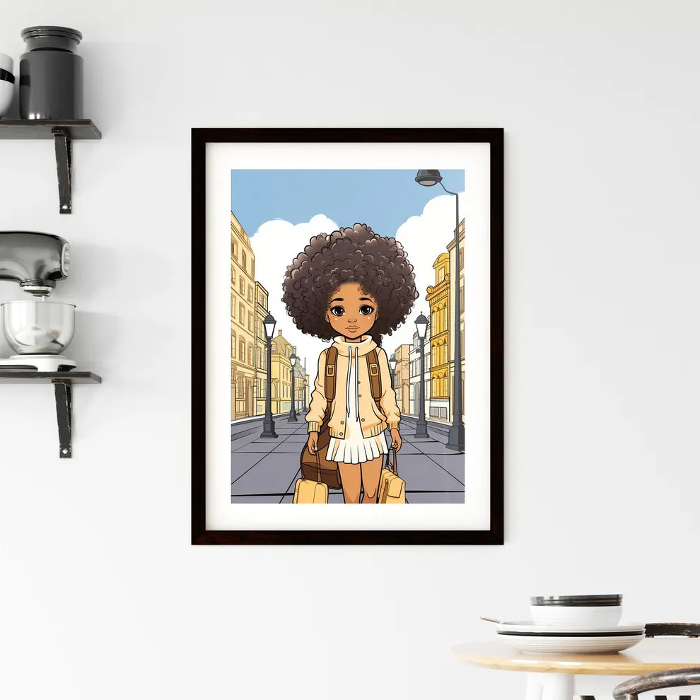 A Poster of cute afro girl - Cartoon Girl With Curly Hair Walking Down A Street Custom Print