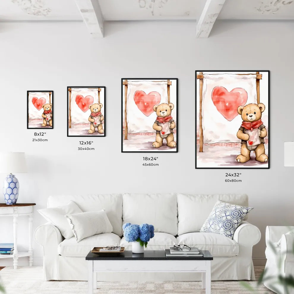 A Poster of Teddy Bear Holding a white banner  Size Chart