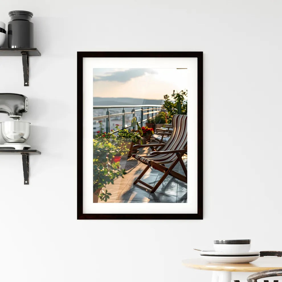 A Poster of small patio with a deck chair -  Framed Print
