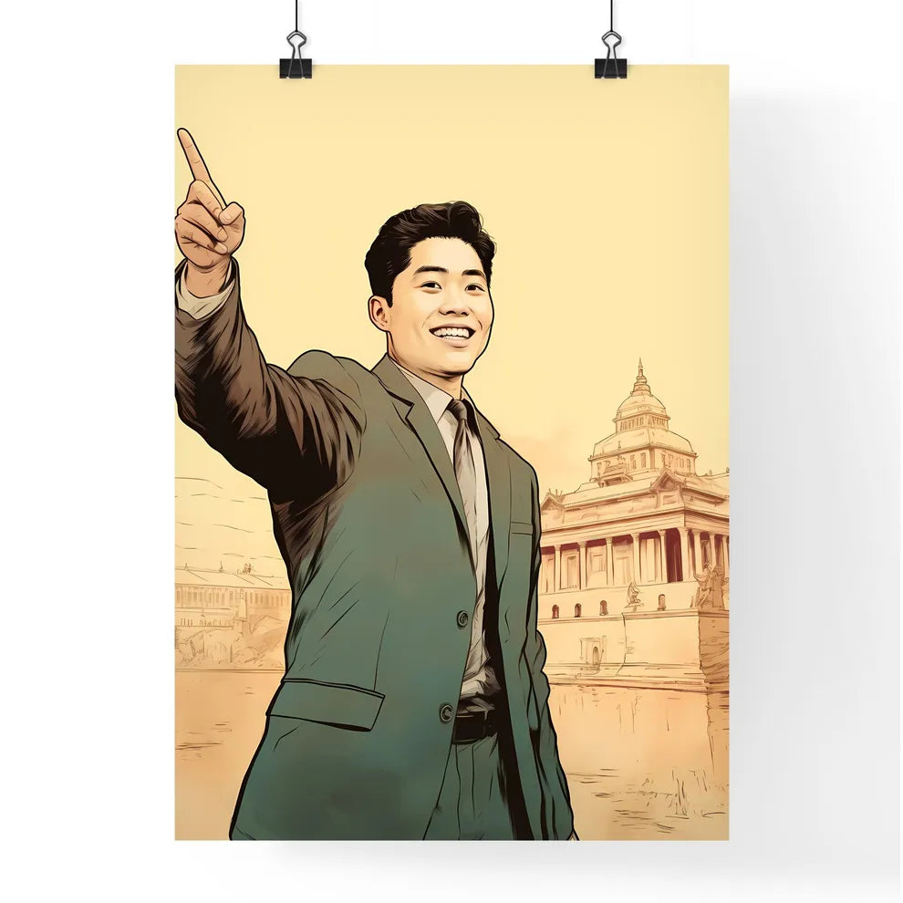 A Poster of handsome and happy and suprised asian man - A Man In A Suit Pointing Up Poster