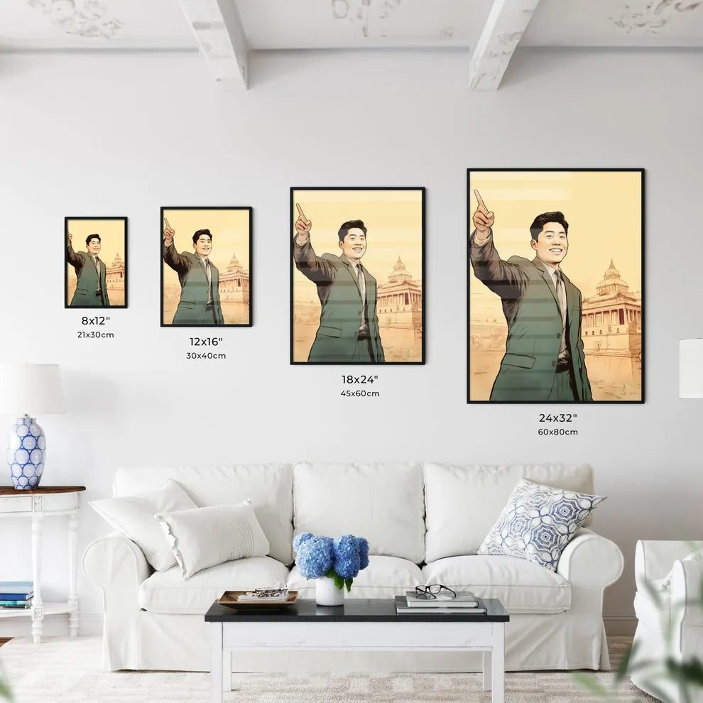 A Poster of handsome and happy and suprised asian man - A Man In A Suit Pointing Up Size Chart