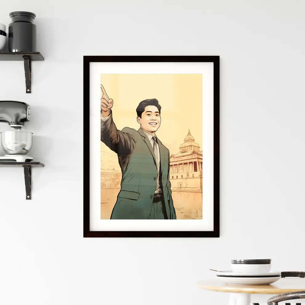A Poster of handsome and happy and suprised asian man - A Man In A Suit Pointing Up Custom Print