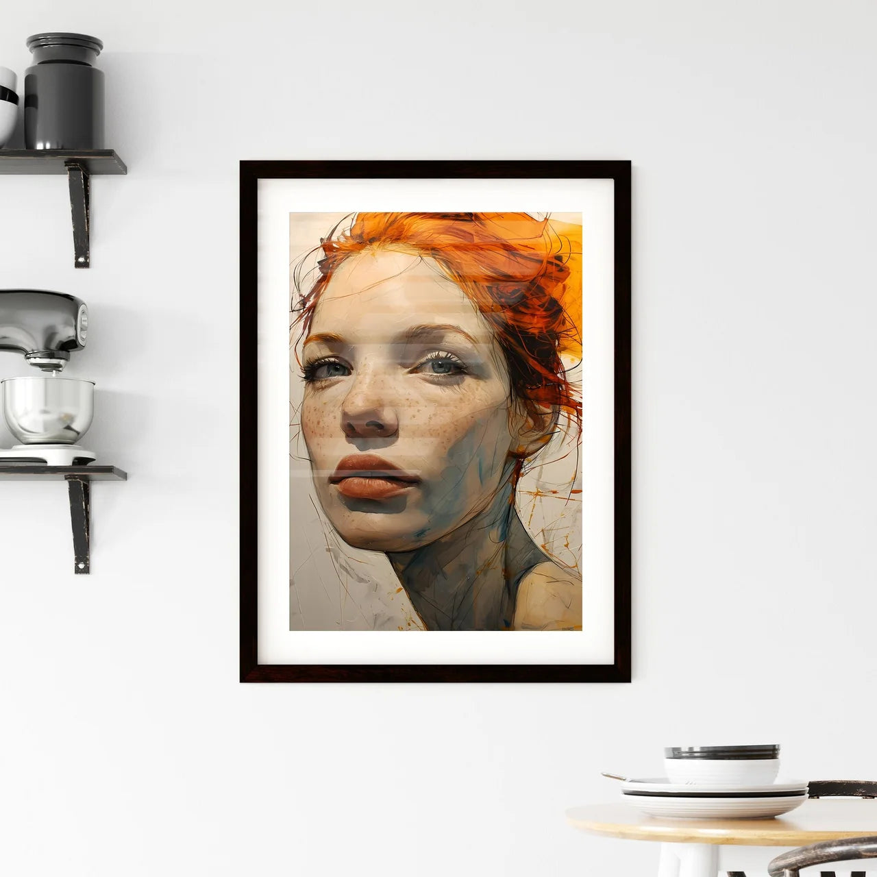 A Poster of a painting of a woman with orang Framed Print