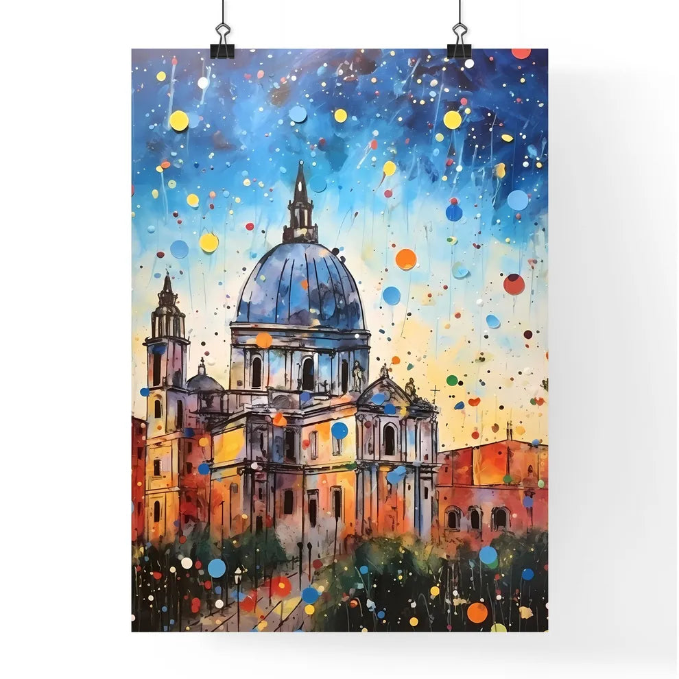 A Poster of colorful confetti - A Painting Of A Building With A Dome And Colorful Confetti Poster