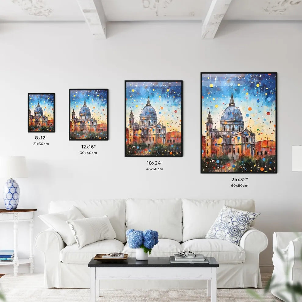 A Poster of colorful confetti - A Painting Of A Building With A Dome And Colorful Confetti Size Chart