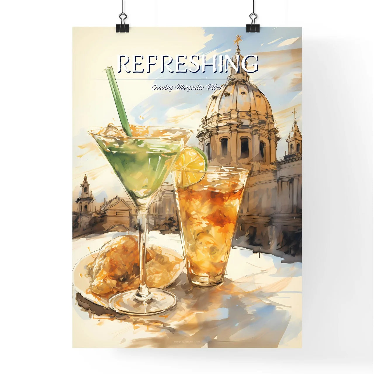 A Poster of classic margarita cocktail - A Painting Of Drinks On A Table Poster