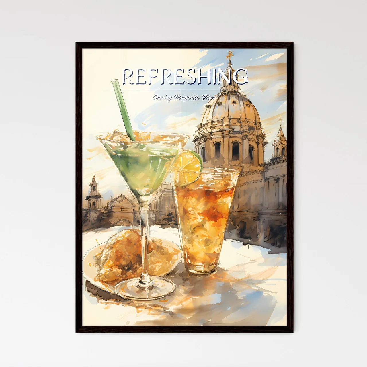 A Poster of classic margarita cocktail - A Painting Of Drinks On A Table Framed Art