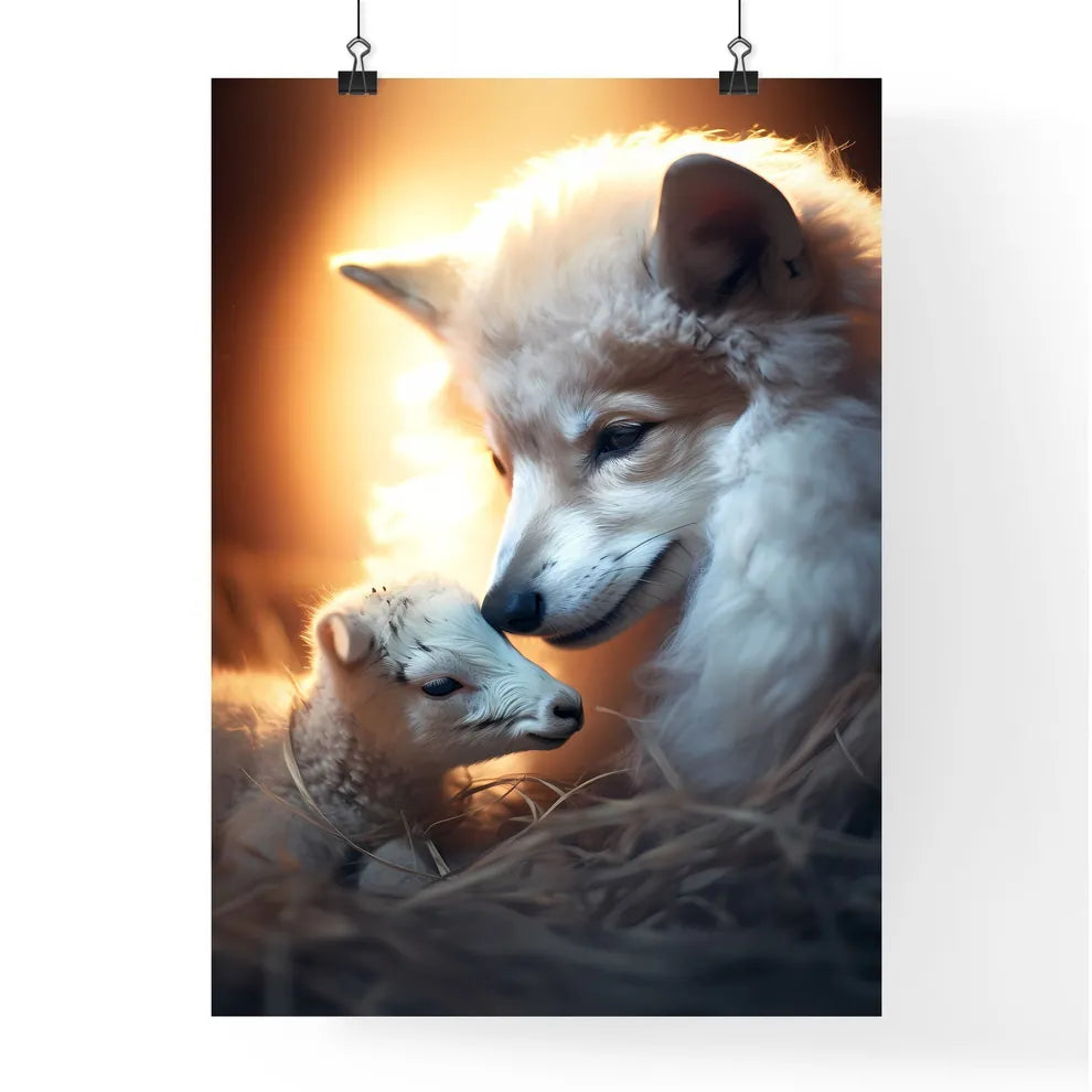 A Poster of A wolf is petting a lamb gently  Poster