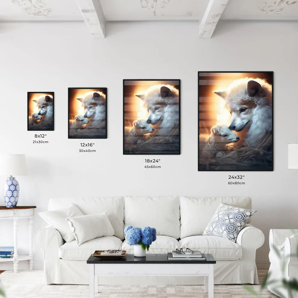 A Poster of A wolf is petting a lamb gently  Size Chart