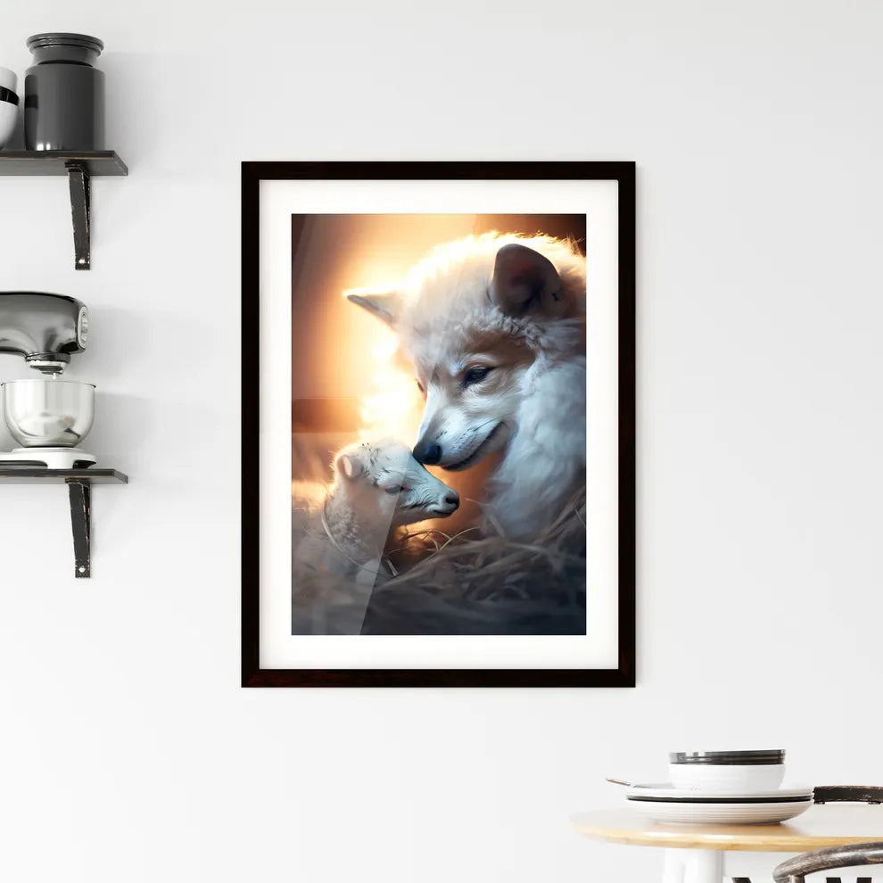 A Poster of A wolf is petting a lamb gently  Framed Print