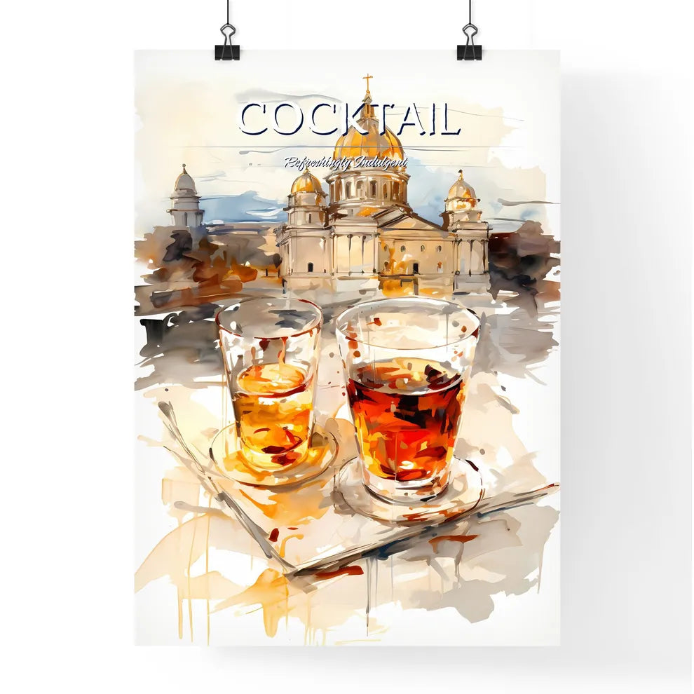A Poster of white russian cocktail - A Watercolor Of Two Glasses Of Liquid On A Tray With A Building In The Background Poster