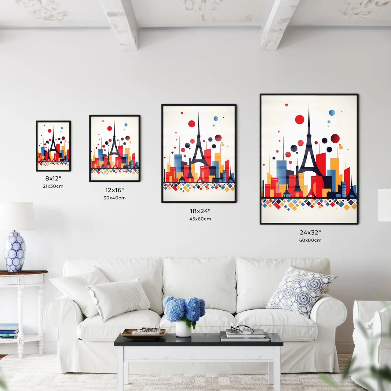 A Poster of minimalist Paris skyline - A Colorful Cityscape With A Tower Size Chart